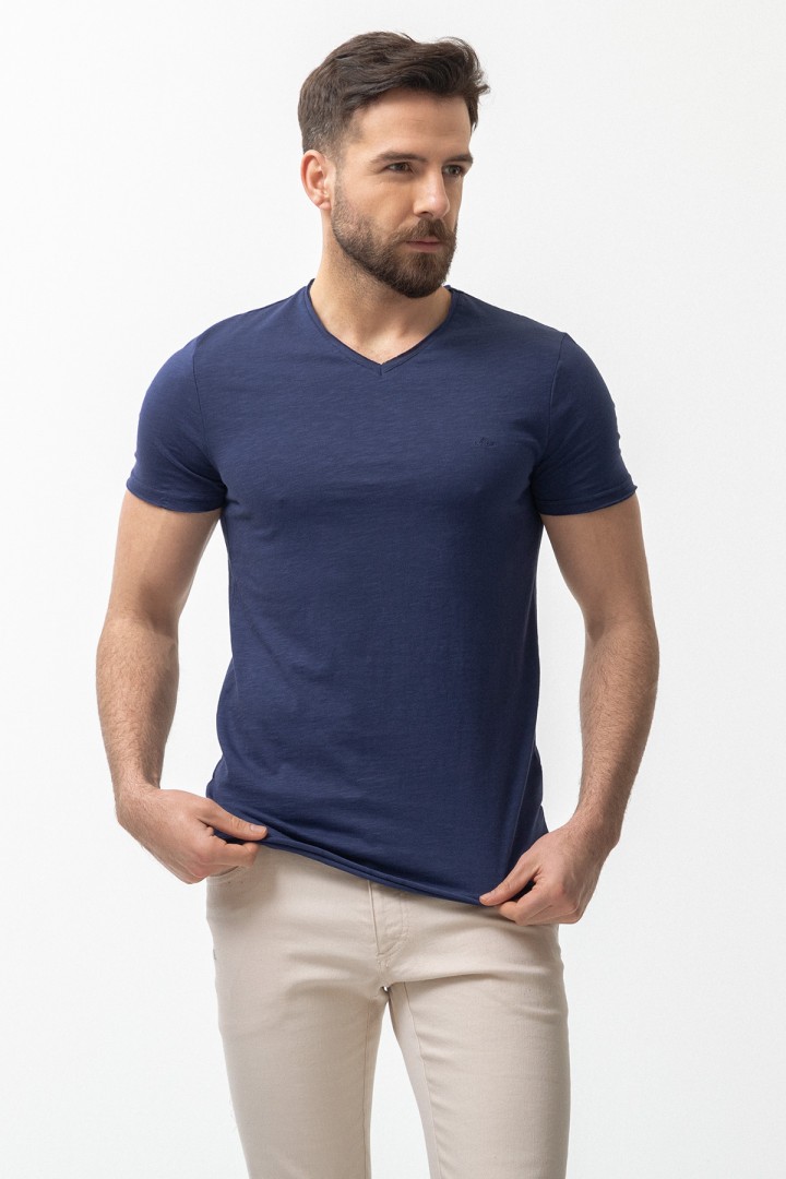 Dark Blue Color Cotton And Lycra Fabric With V Neck Detail Basic Men's T Shirt