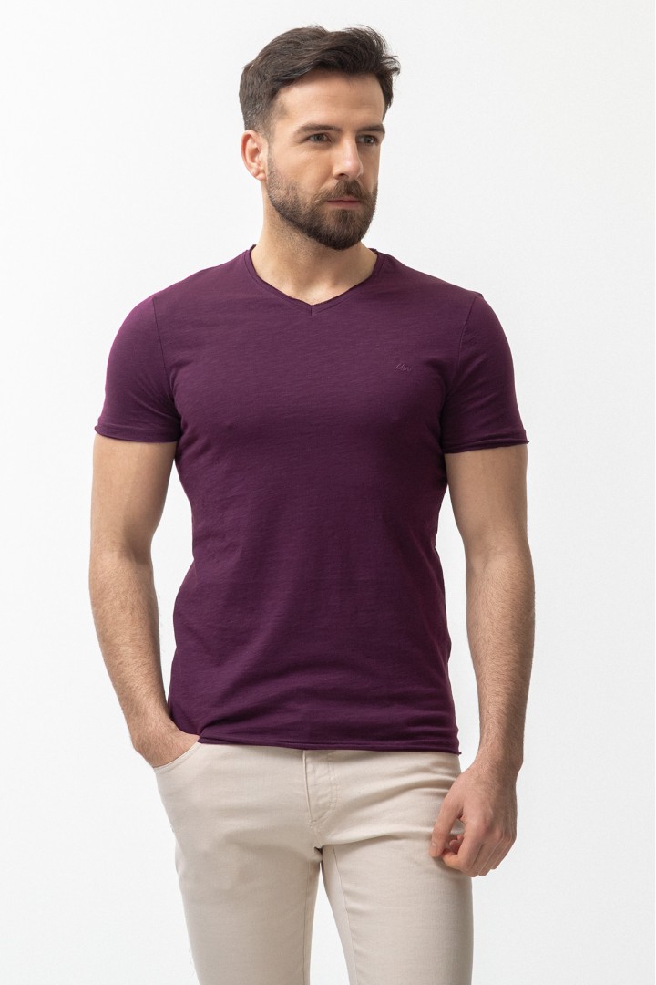 Purple Color Cotton And Lycra Fabric With V Neck Detail Basic Men's T Shirt