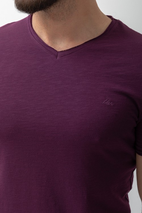 Purple Color Cotton And Lycra Fabric With V Neck Detail Basic Men's T Shirt