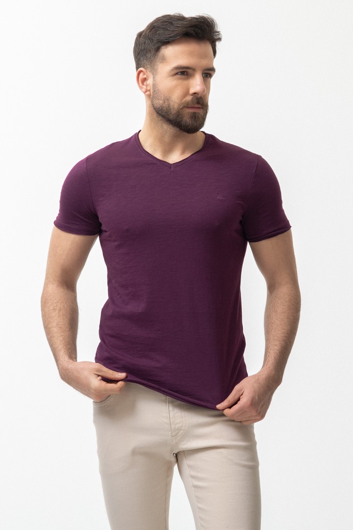 Purple Color Cotton And Lycra Fabric With V Neck Detail Basic Men's T Shirt