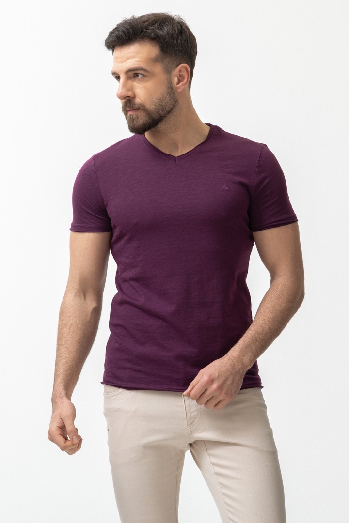 Purple Color Cotton And Lycra Fabric With V Neck Detail Basic Men's T Shirt