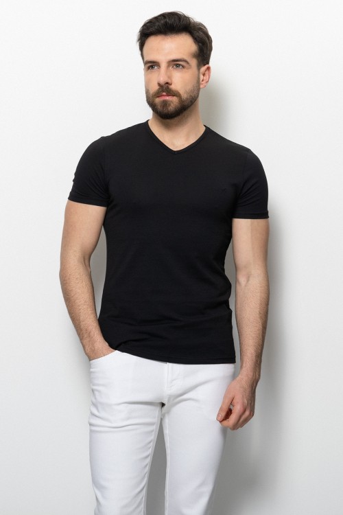 Black Color Cotton And Lycra Fabric With V-Neck Basic Mens T Shirt