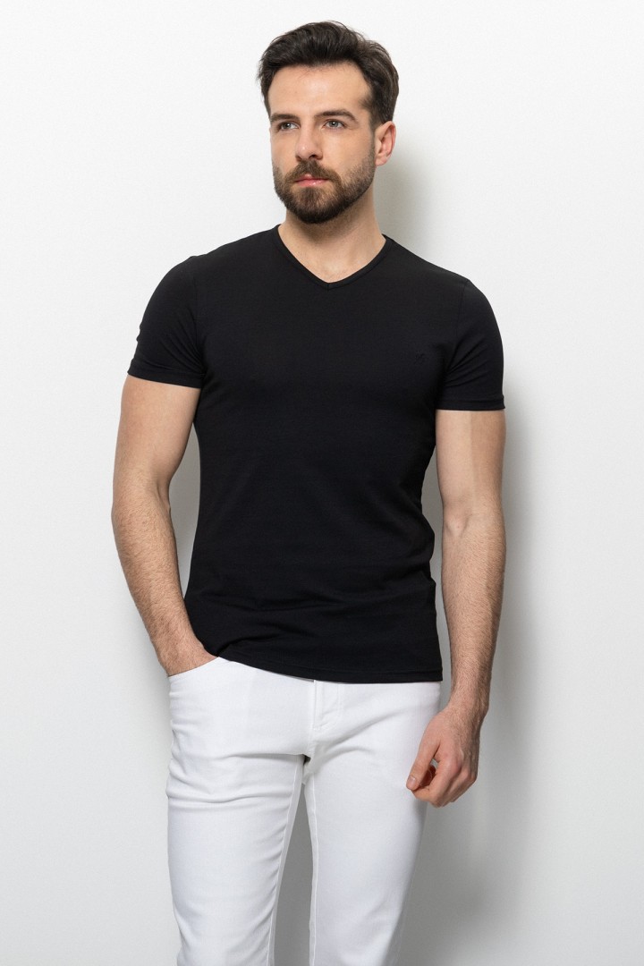 Black Color Cotton And Lycra Fabric With V-Neck Basic Mens T Shirt