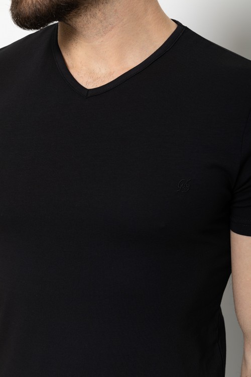 Black Color Cotton And Lycra Fabric With V-Neck Basic Mens T Shirt