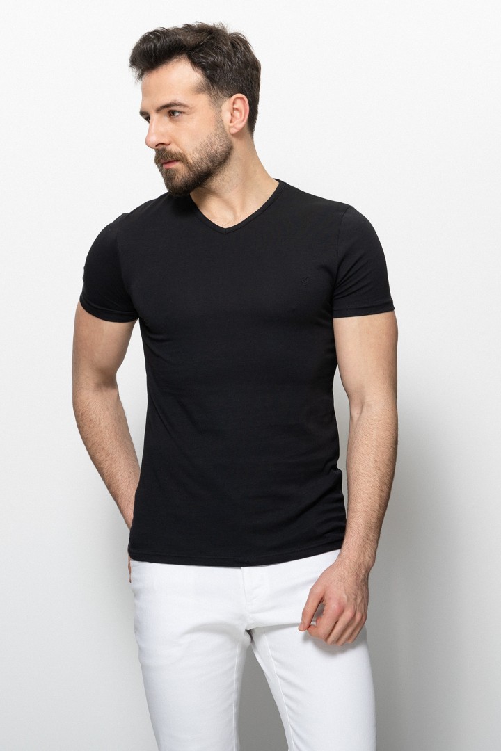 Black Color Cotton And Lycra Fabric With V-Neck Basic Mens T Shirt