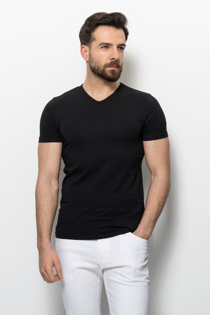 Black Color Cotton And Lycra Fabric With V-Neck Basic Mens T Shirt