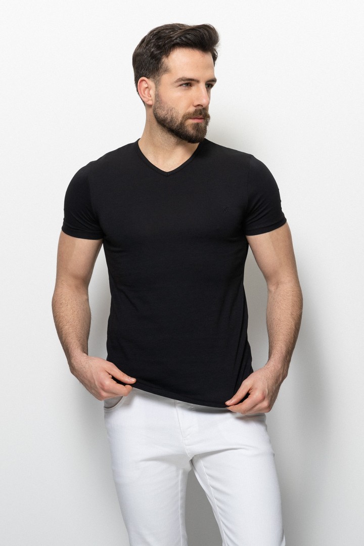 Black Color Cotton And Lycra Fabric With V-Neck Basic Mens T Shirt