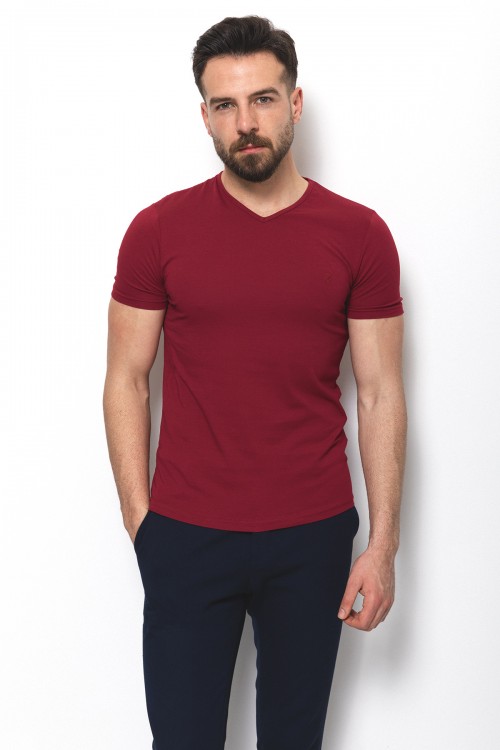 Claret Red Color Cotton And Lycra Fabric With V-Neck Basic Mens T Shirt