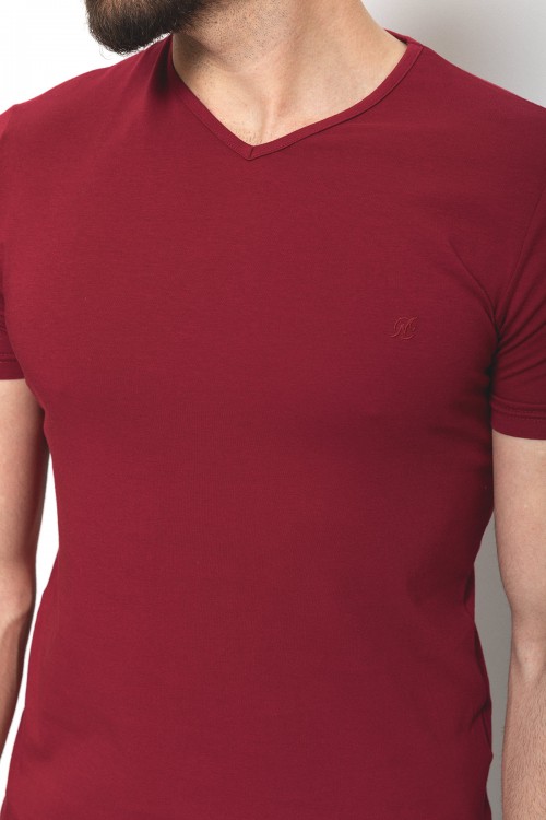 Claret Red Color Cotton And Lycra Fabric With V-Neck Basic Mens T Shirt