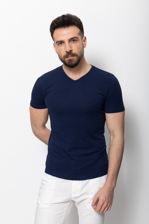 Dark Blue Color Cotton And Lycra Fabric With V-Neck Basic Mens T Shirt