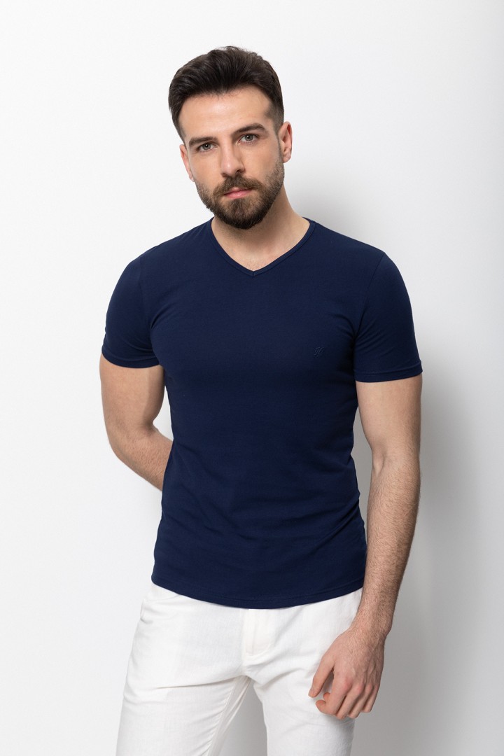 Dark Blue Color Cotton And Lycra Fabric With V-Neck Basic Mens T Shirt