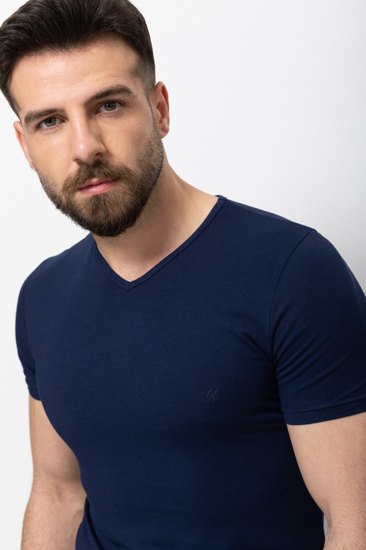Dark Blue Color Cotton And Lycra Fabric With V-Neck Basic Mens T Shirt