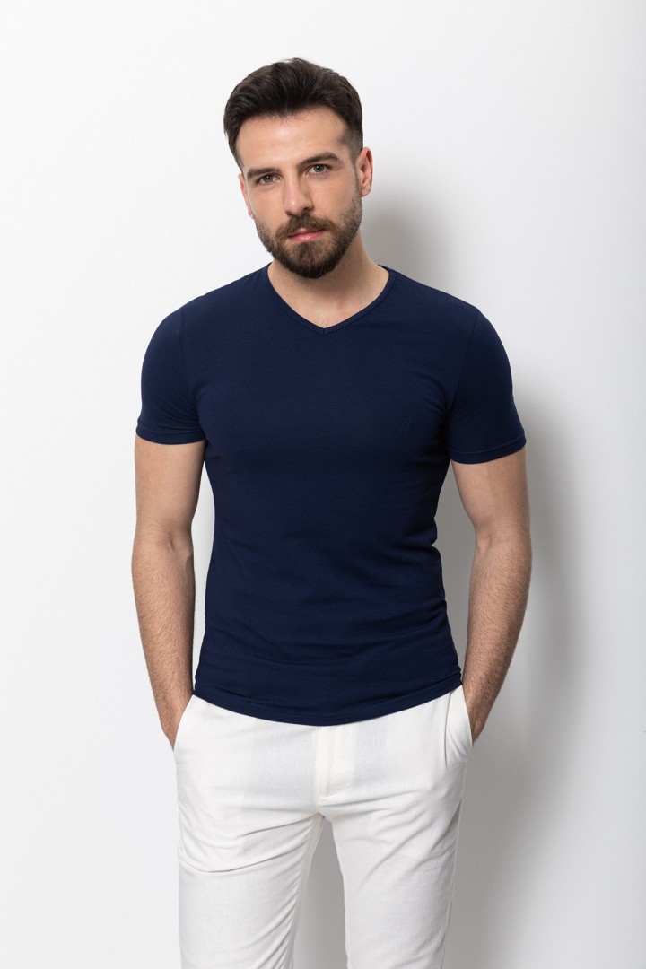 Dark Blue Color Cotton And Lycra Fabric With V-Neck Basic Mens T Shirt