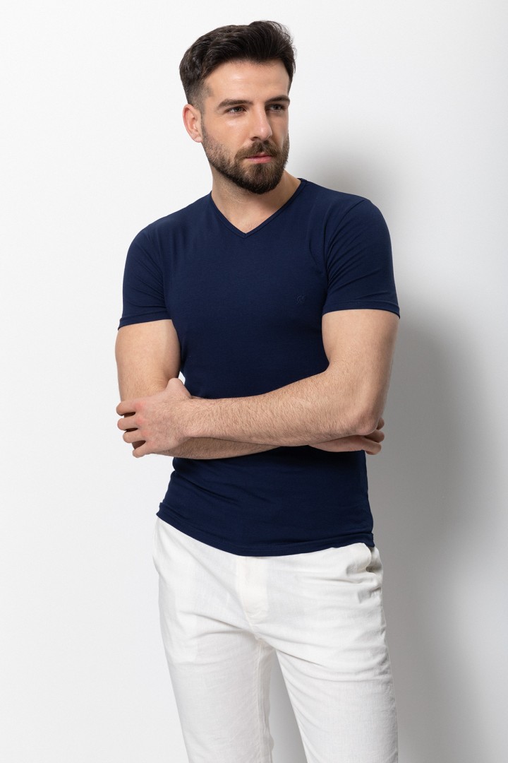 Dark Blue Color Cotton And Lycra Fabric With V-Neck Basic Mens T Shirt