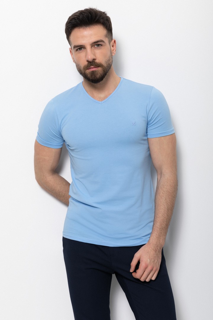 Blue Color Cotton And Lycra Fabric With V-Neck Basic Mens T Shirt