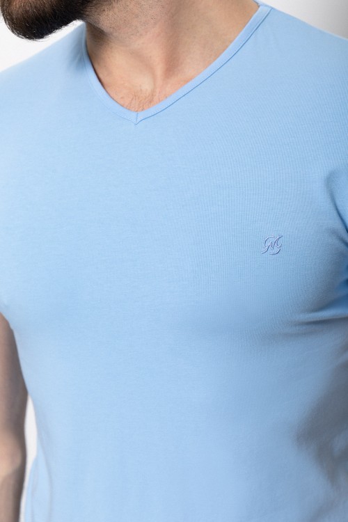 Blue Color Cotton And Lycra Fabric With V-Neck Basic Mens T Shirt