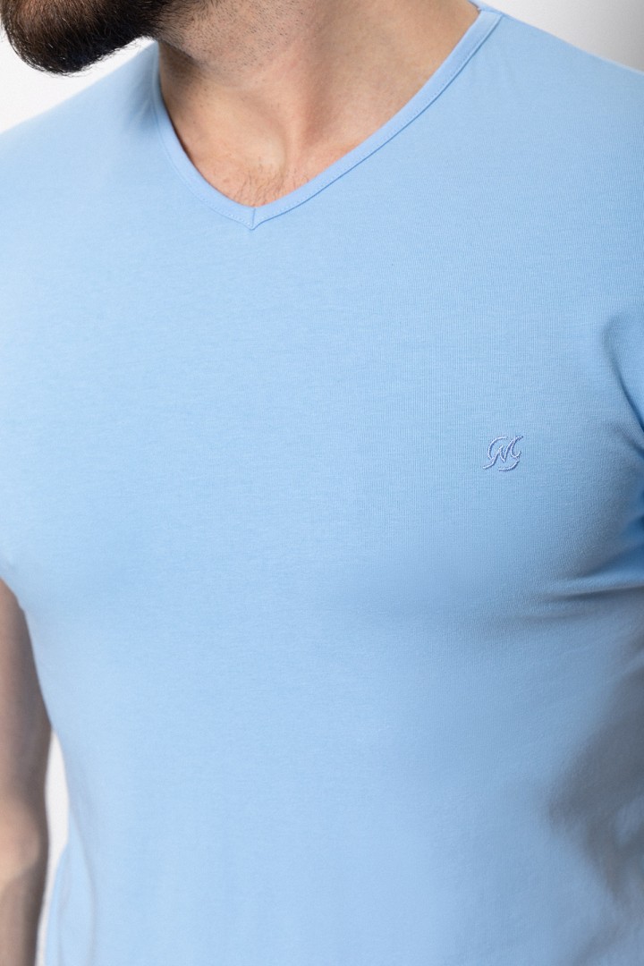 Blue Color Cotton And Lycra Fabric With V-Neck Basic Mens T Shirt