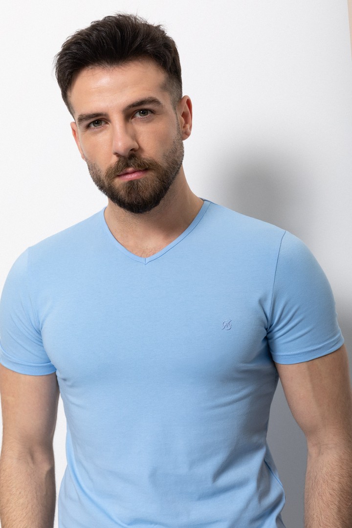 Blue Color Cotton And Lycra Fabric With V-Neck Basic Mens T Shirt