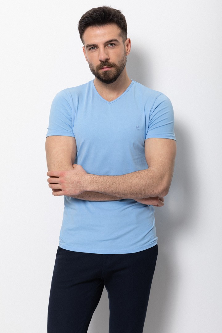 Blue Color Cotton And Lycra Fabric With V-Neck Basic Mens T Shirt
