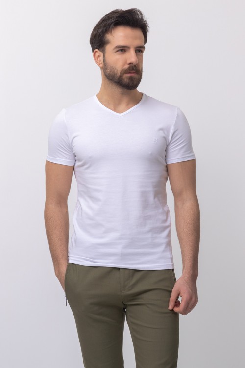 White Color Cotton And Lycra Fabric With V-Neck Basic Mens T Shirt