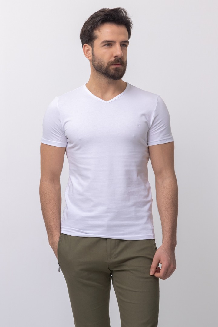 White Color Cotton And Lycra Fabric With V-Neck Basic Mens T Shirt