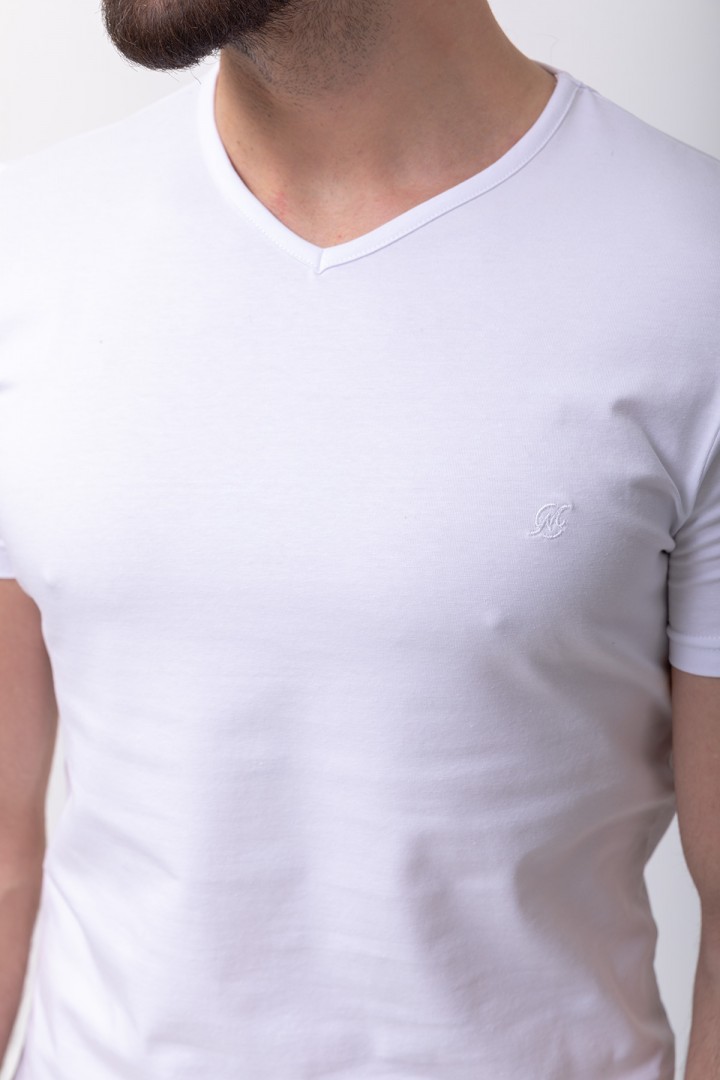 White Color Cotton And Lycra Fabric With V-Neck Basic Mens T Shirt