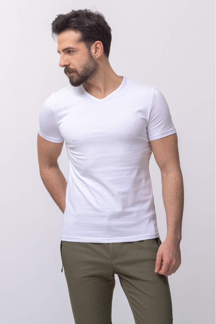 White Color Cotton And Lycra Fabric With V-Neck Basic Mens T Shirt
