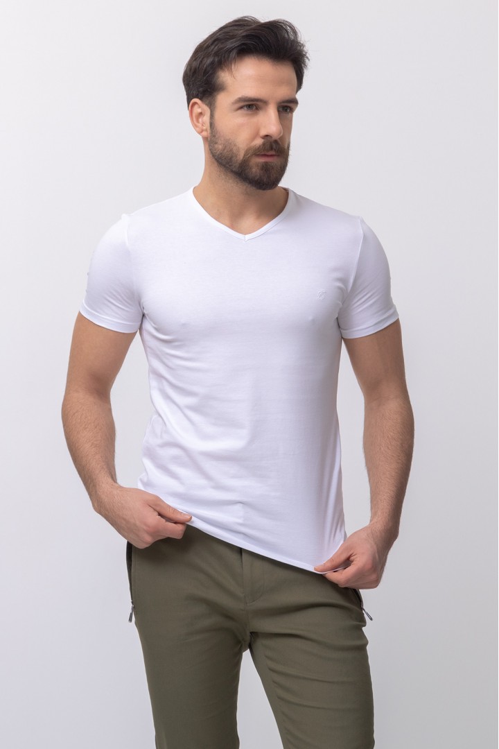 White Color Cotton And Lycra Fabric With V-Neck Basic Mens T Shirt