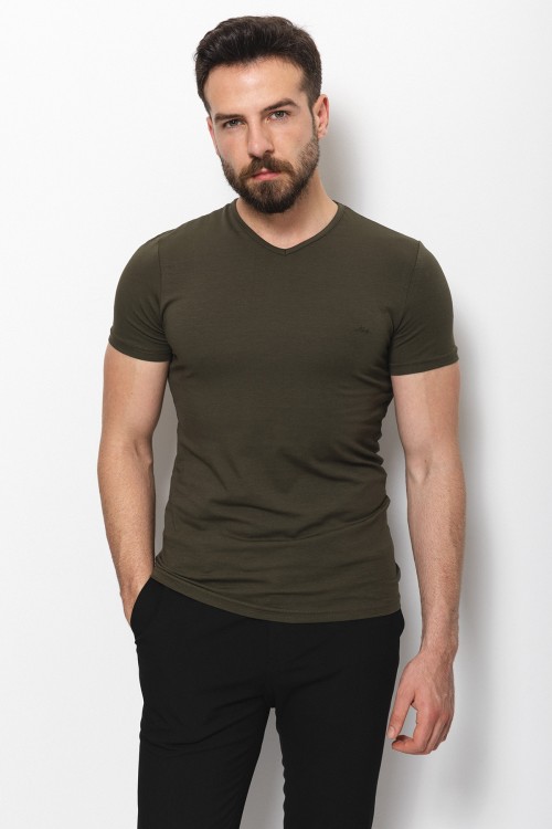 Khaki Color Cotton And Lycra Fabric With V-Neck Basic Mens T Shirt