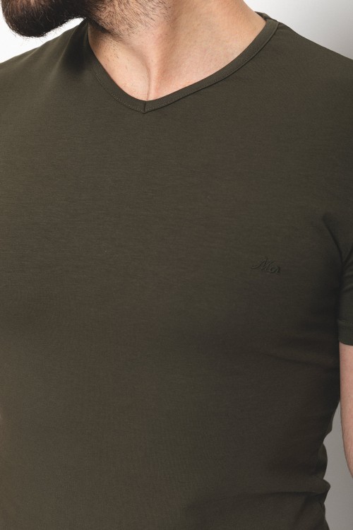 Khaki Color Cotton And Lycra Fabric With V-Neck Basic Mens T Shirt