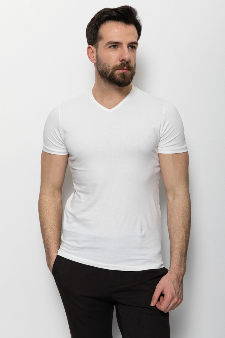 Ecru Color Cotton And Lycra Fabric With V-Neck Basic Mens T Shirt