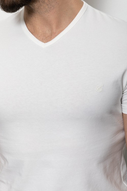Ecru Color Cotton And Lycra Fabric With V-Neck Basic Mens T Shirt