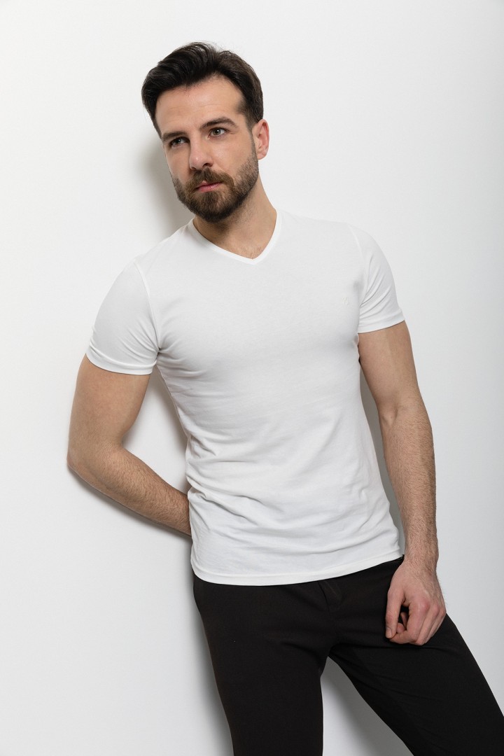 Ecru Color Cotton And Lycra Fabric With V-Neck Basic Mens T Shirt