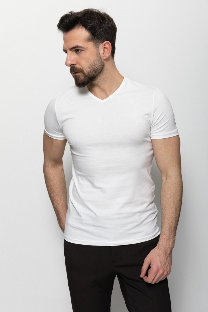 Ecru Color Cotton And Lycra Fabric With V-Neck Basic Mens T Shirt