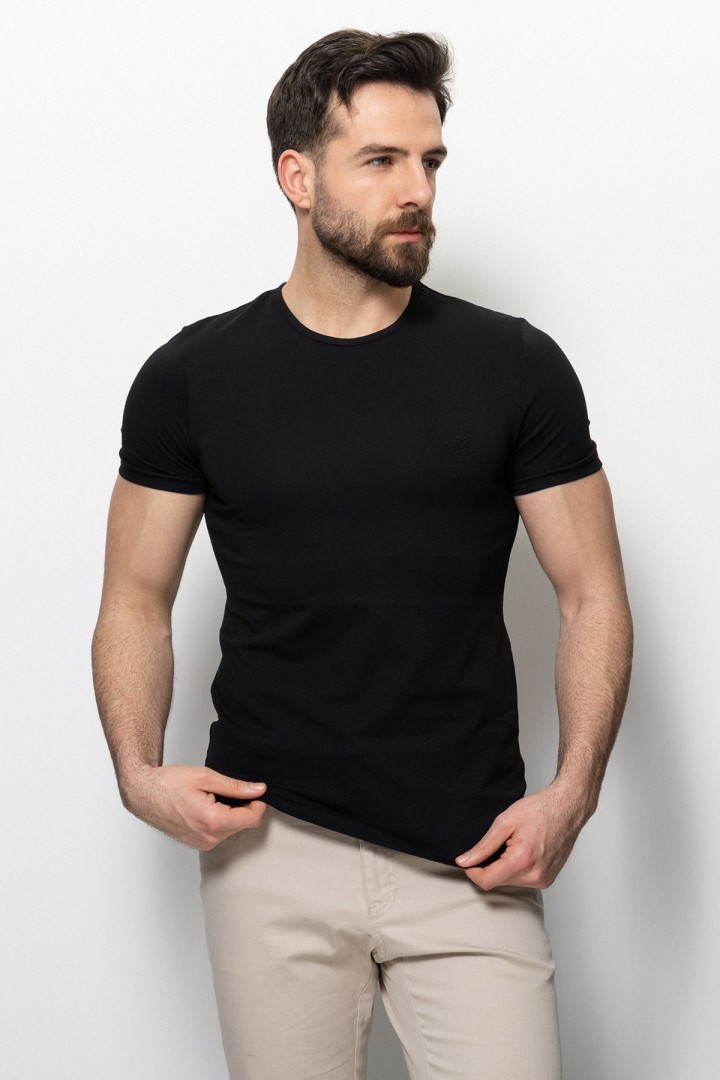 Black Color Cotton And Lycra Fabric With Crew Neck Basic Mens T Shirt