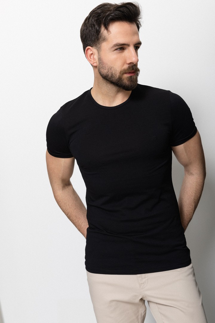 Black Color Cotton And Lycra Fabric With Crew Neck Basic Mens T Shirt