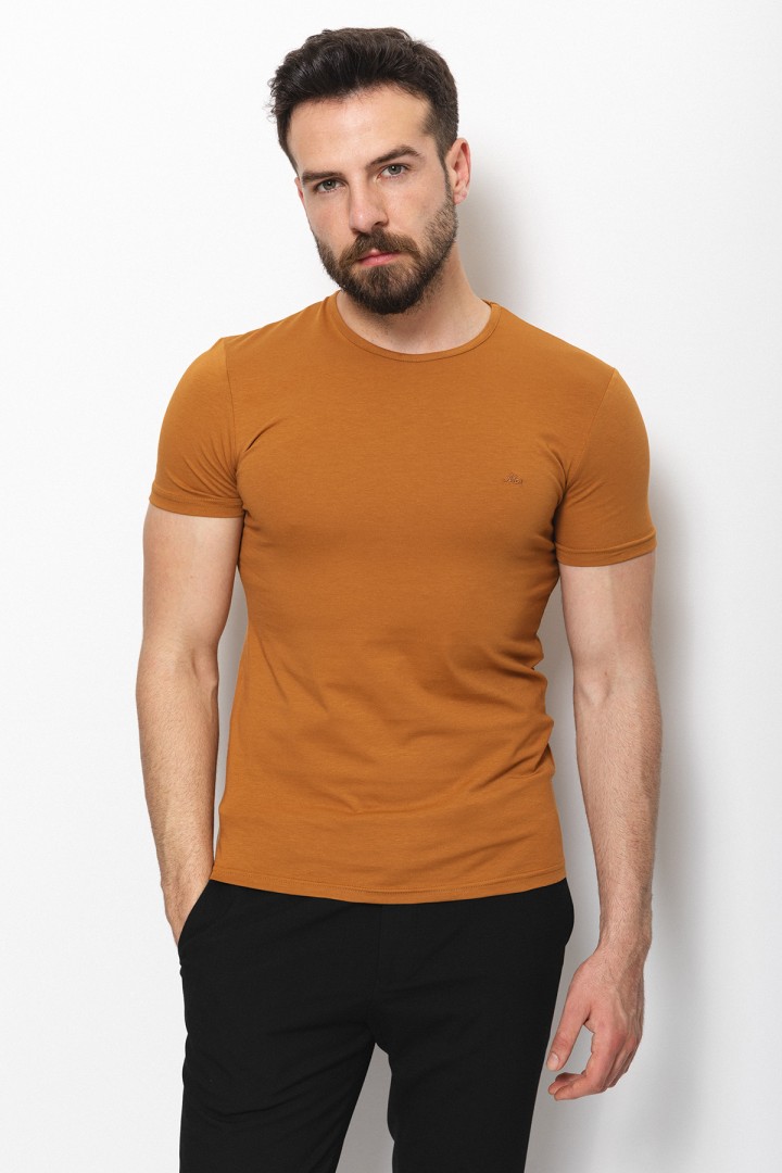 Camel Color Cotton And Lycra Fabric With Crew Neck Basic Mens T Shirt