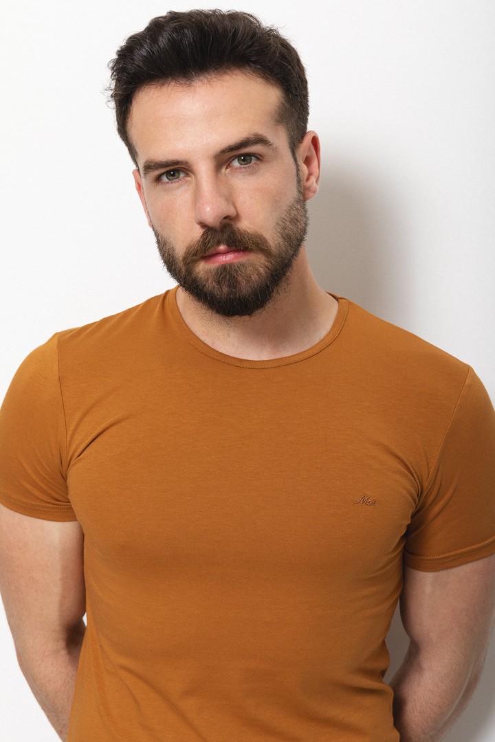 Camel Color Cotton And Lycra Fabric With Crew Neck Basic Mens T Shirt