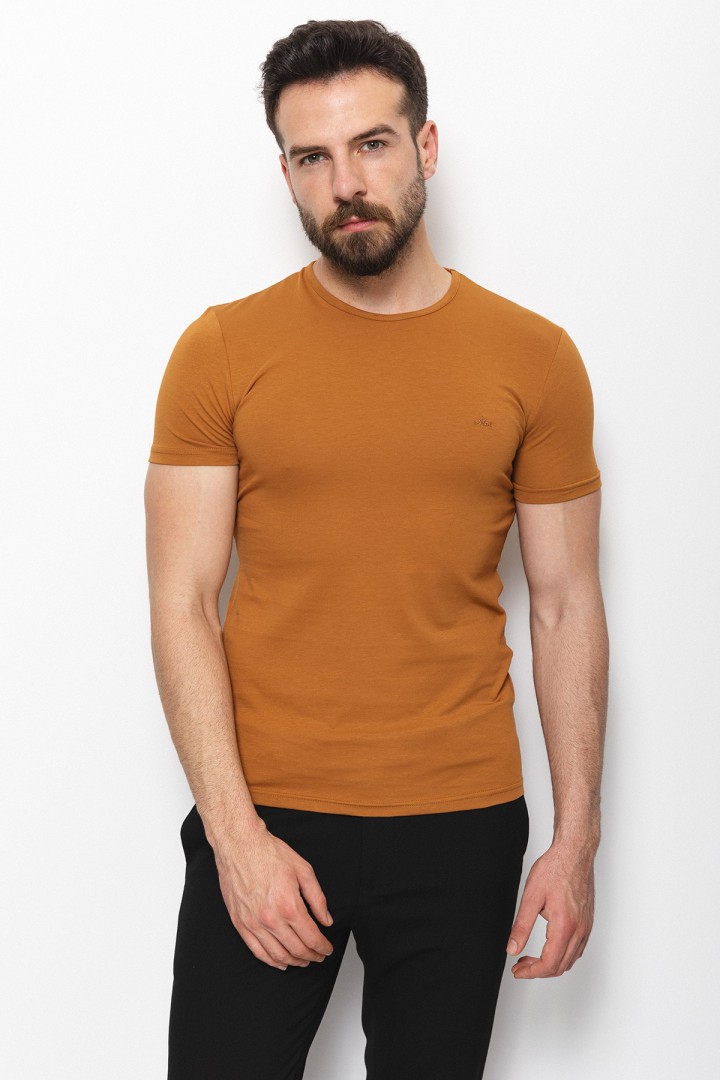 Camel Color Cotton And Lycra Fabric With Crew Neck Basic Mens T Shirt