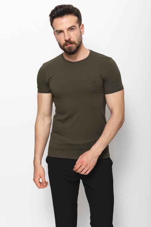 Khaki Color Cotton And Lycra Fabric With Crew Neck Basic Mens T Shirt