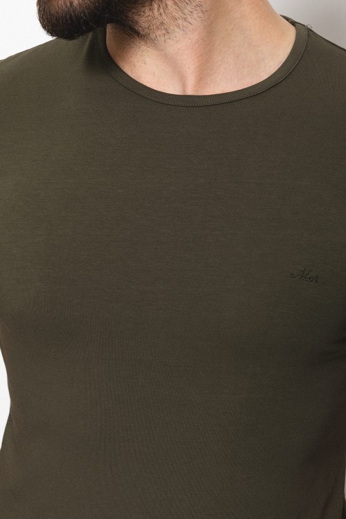 Khaki Color Cotton And Lycra Fabric With Crew Neck Basic Mens T Shirt