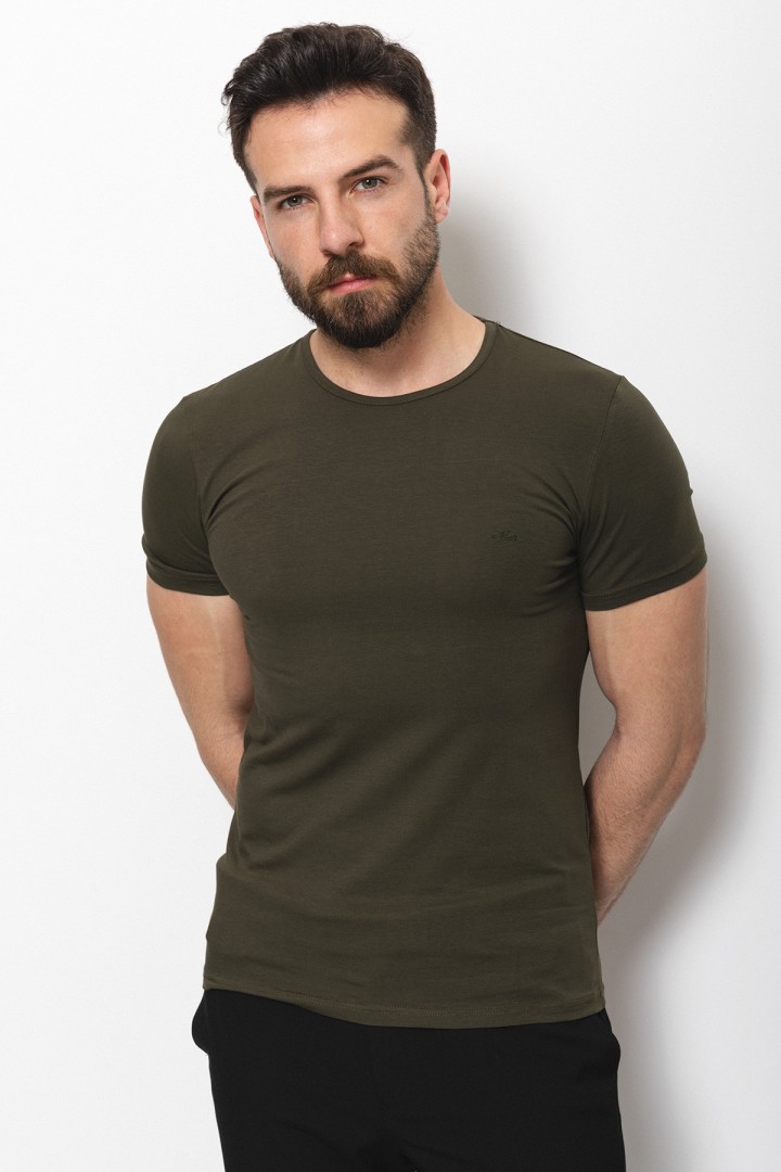 Khaki Color Cotton And Lycra Fabric With Crew Neck Basic Mens T Shirt