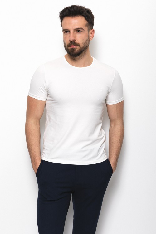 Ecru Color Cotton And Lycra Fabric  With Crew Neck Basic Mens T Shirt