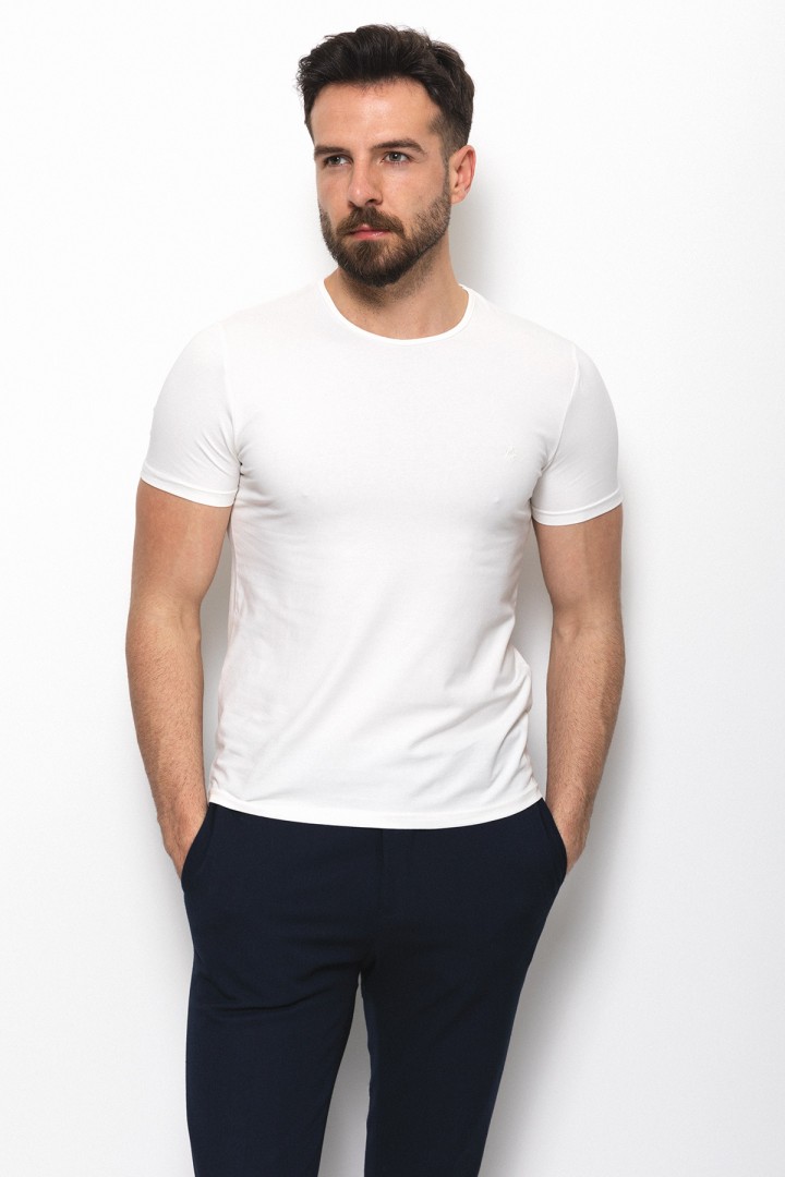 Ecru Color Cotton And Lycra Fabric  With Crew Neck Basic Mens T Shirt