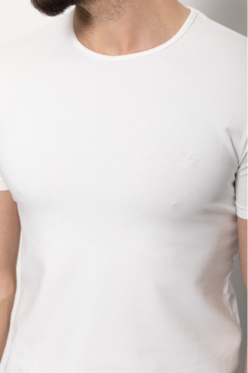 Ecru Color Cotton And Lycra Fabric  With Crew Neck Basic Mens T Shirt
