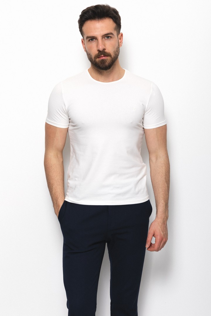 Ecru Color Cotton And Lycra Fabric  With Crew Neck Basic Mens T Shirt