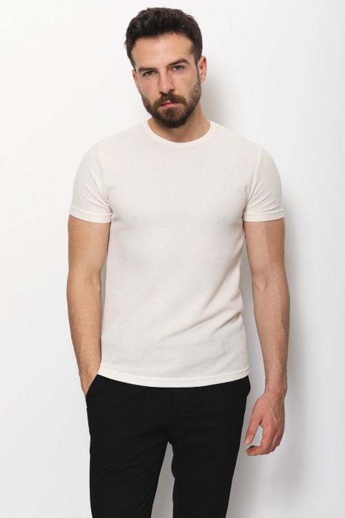 Ecru Color Cotton Fabric With Crew Neck And Knitted Detail Casual Mens T Shirt