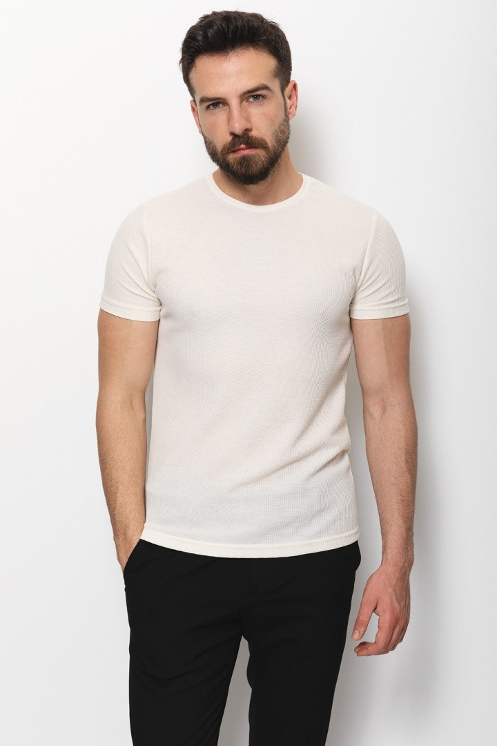 Ecru Color Cotton Fabric With Crew Neck And Knitted Detail Casual Mens T Shirt