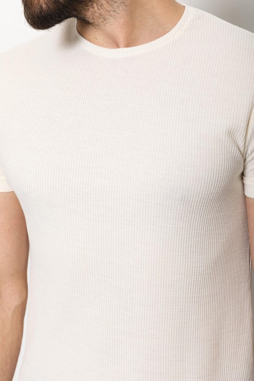Ecru Color Cotton Fabric With Crew Neck And Knitted Detail Casual Mens T Shirt
