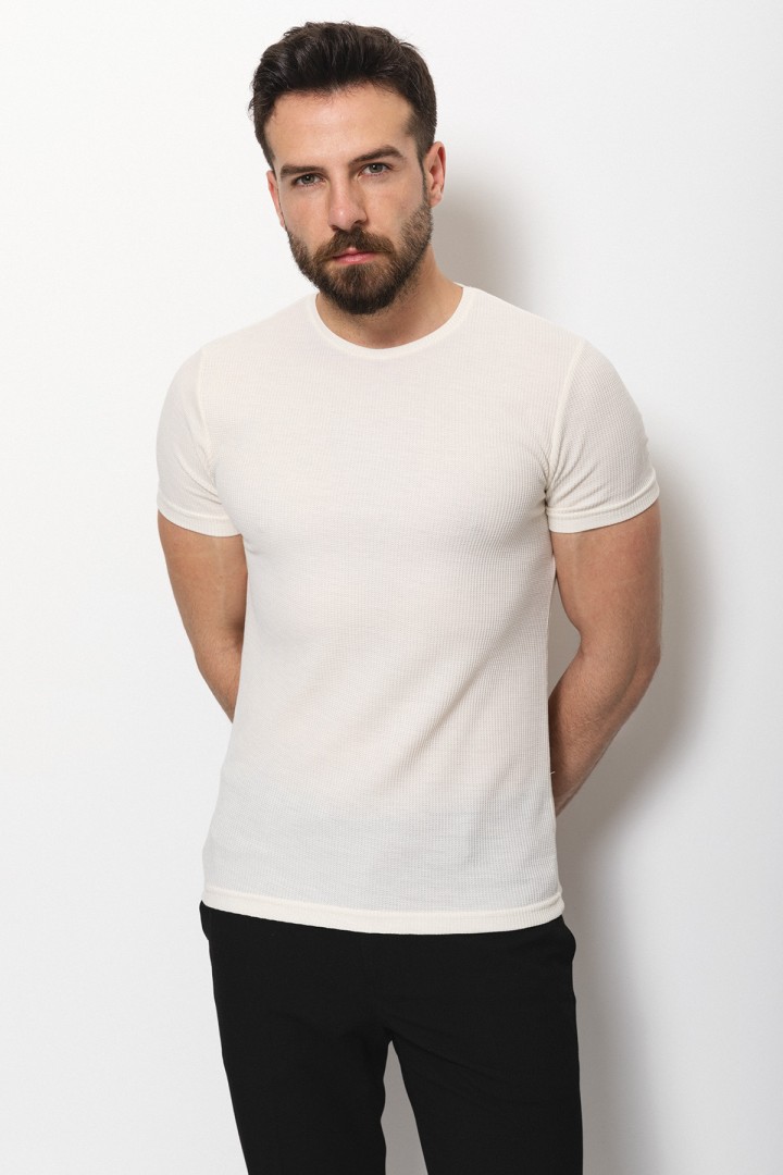 Ecru Color Cotton Fabric With Crew Neck And Knitted Detail Casual Mens T Shirt